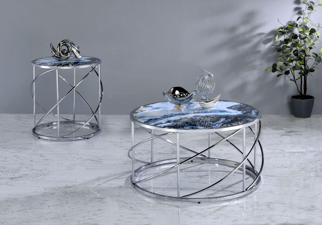 33" Blue and Silver Wood and Iron Faux Marble Geometric Frame Round Coffee Table