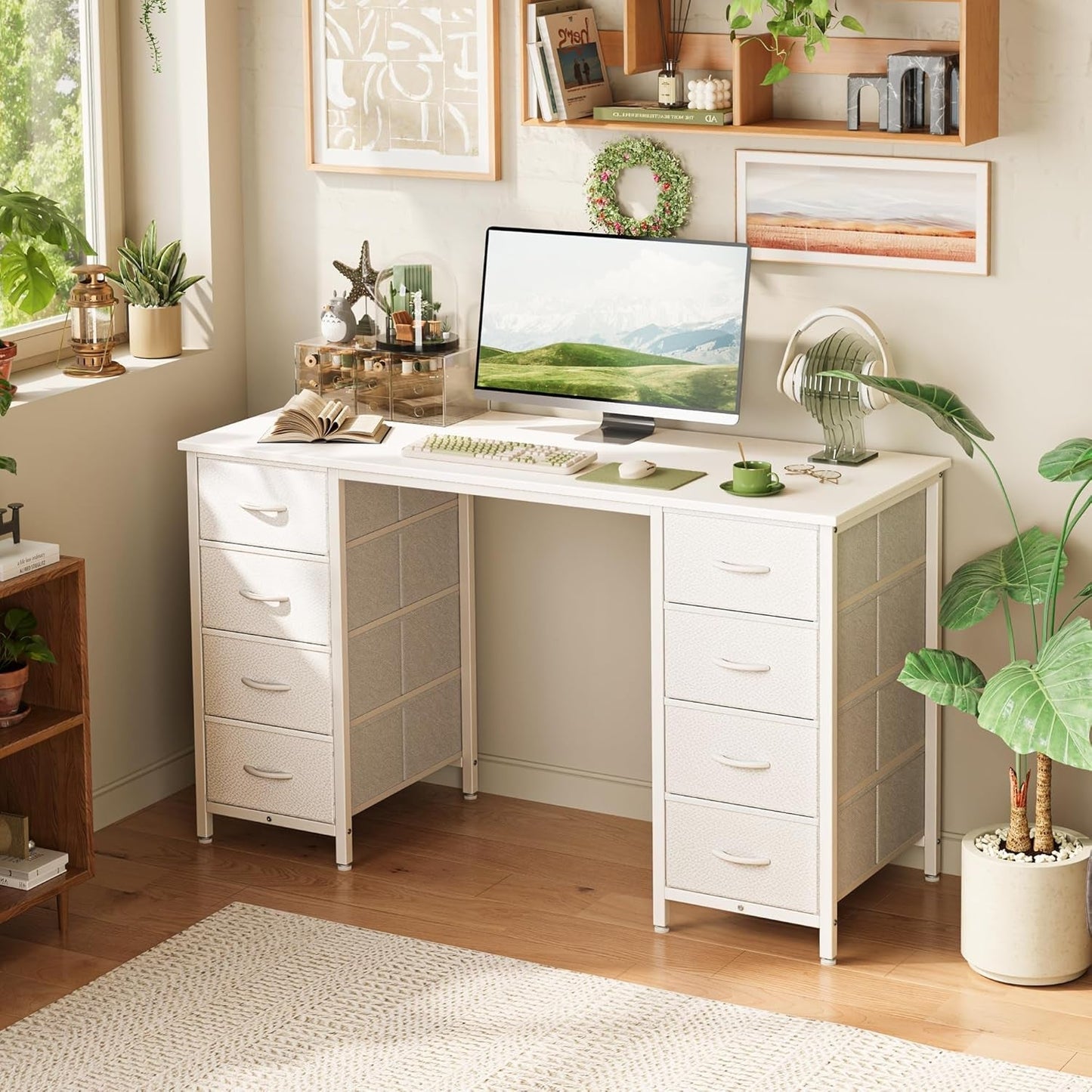 47 Inch Vanity Desk with 8 Drawers, White Desk, Makeup Desk with Large Storage, Fabric Drawers, Wooden Desktop, Computer Desk Work Desk, for Home Office, Bedroom