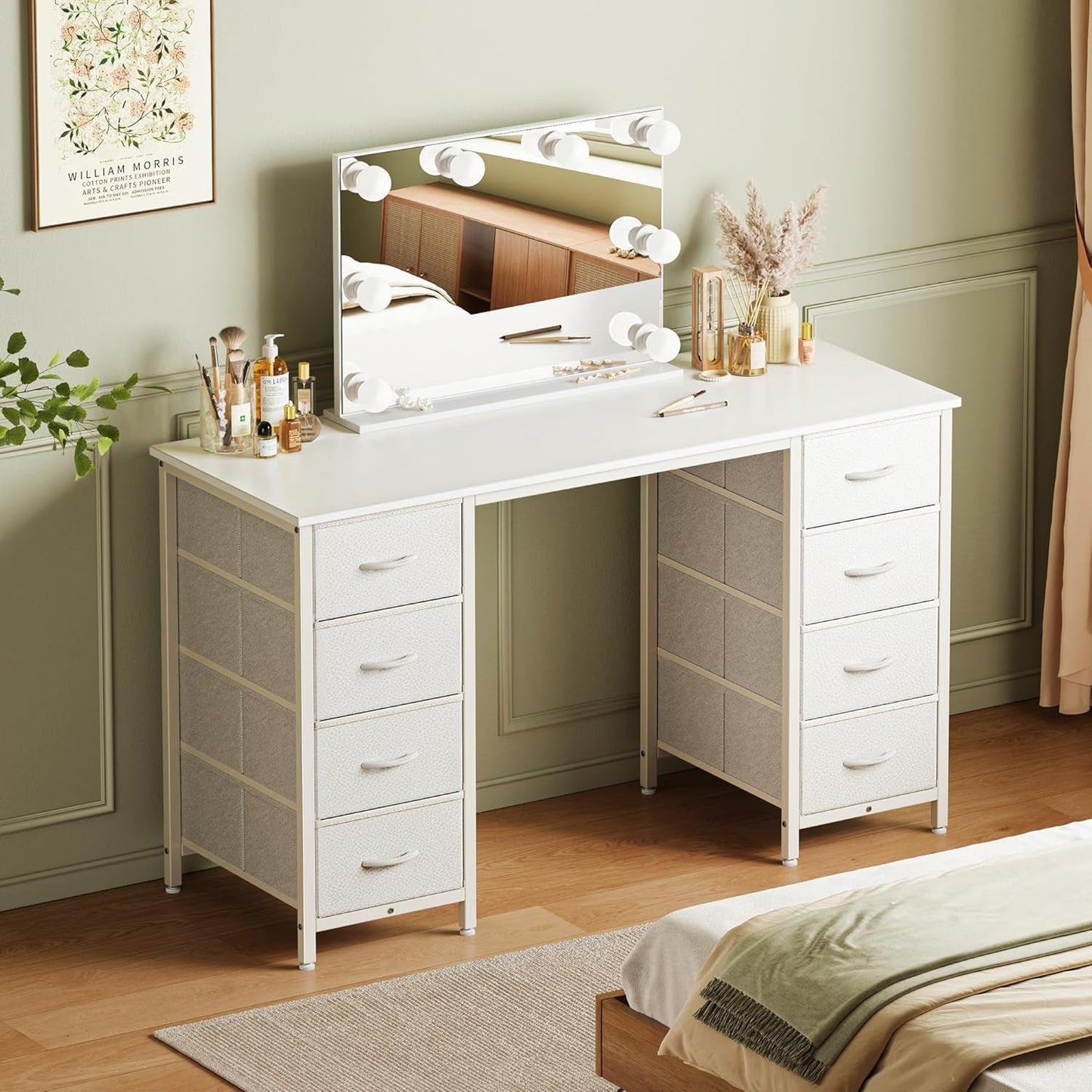 47 Inch Vanity Desk with 8 Drawers, White Desk, Makeup Desk with Large Storage, Fabric Drawers, Wooden Desktop, Computer Desk Work Desk, for Home Office, Bedroom