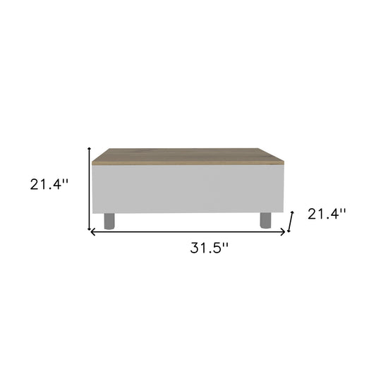 32" White And Light Oak Manufactured Wood Rectangular Lift Top Coffee Table With Drawer And Shelf