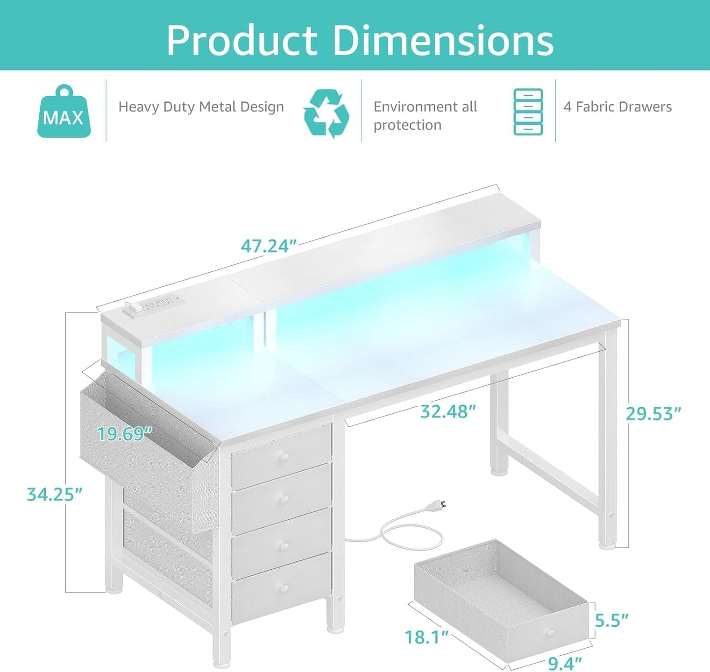 White Desk with 4 Drawers - 47 Inch Gaming Desk with Monitor Stand, Computer Gaming Desk with LED Lights Power Outlets and Storage Bag Fabric Drawer for Home Office, Bedroom, White